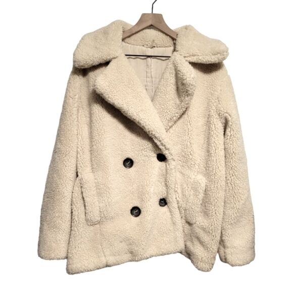 Free People Notched Teddy Peacoat in Ivory Shearling Faux Fur Womens Size Medium - Picture 3 of 9